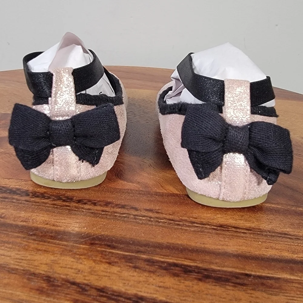 Cat & Jack Pink Shimmer Ballet Flats Girls Size 8 Criss Cross Top Back Bow